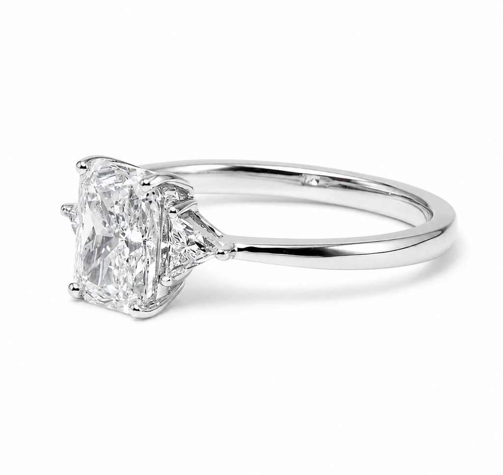 Lab Diamond Three-Stone Ring with Triangular Side Stones