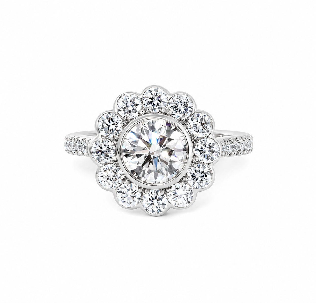 Round-Cut Lab Diamond Sunflower Engagement Ring with Halo and Pavé Tapered Band