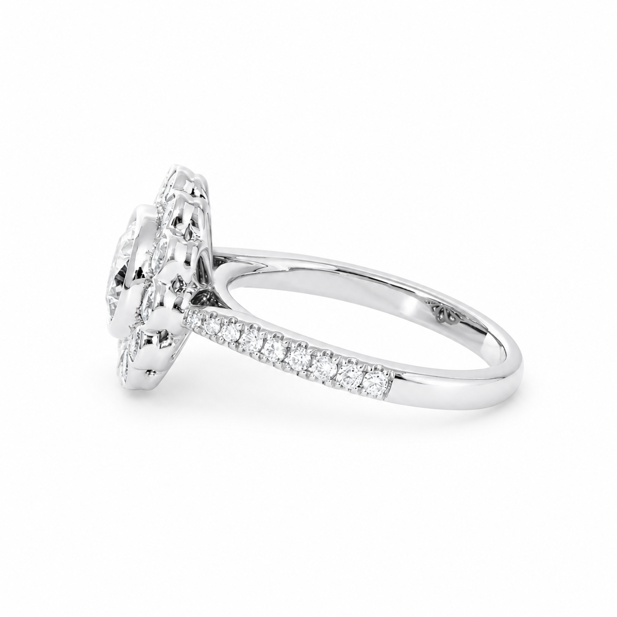 Round-Cut Lab Diamond Sunflower Engagement Ring with Halo and Pavé Tapered Band