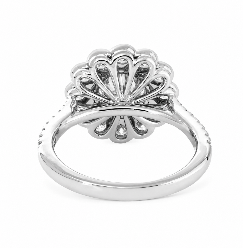 Round-Cut Lab Diamond Sunflower Engagement Ring with Halo and Pavé Tapered Band