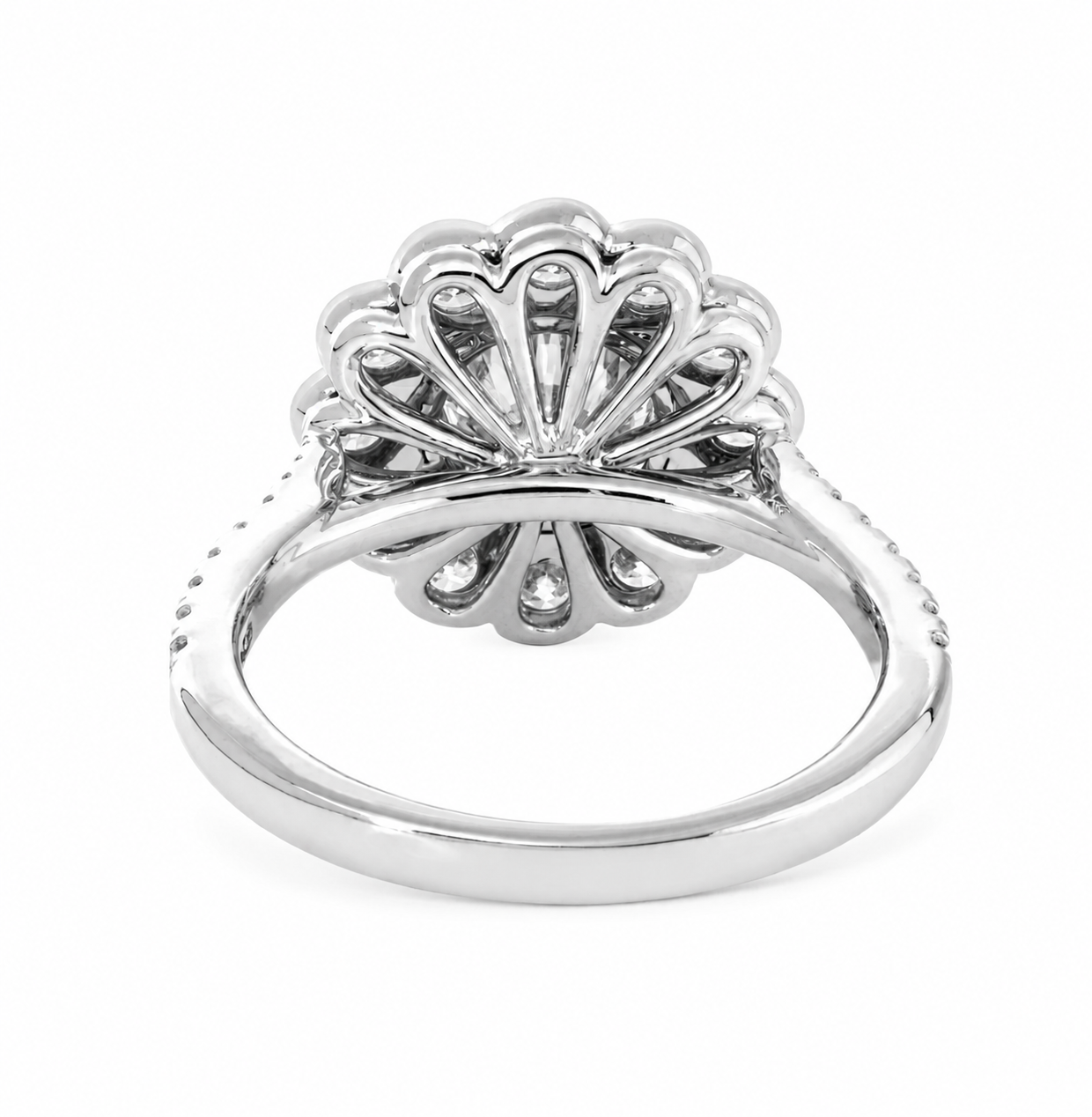 Round-Cut Lab Diamond Sunflower Engagement Ring with Halo and Pavé Tapered Band