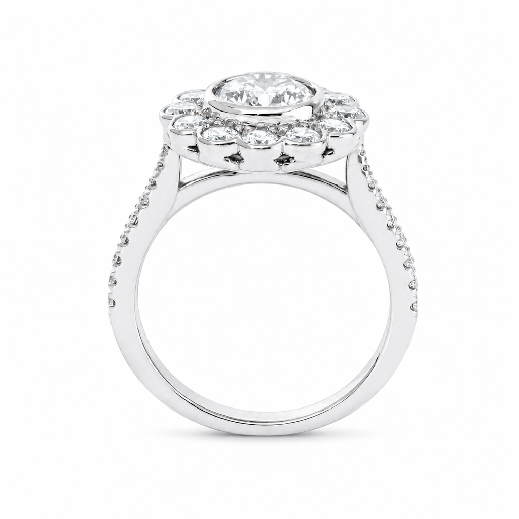 Round-Cut Lab Diamond Sunflower Engagement Ring with Halo and Pavé Tapered Band