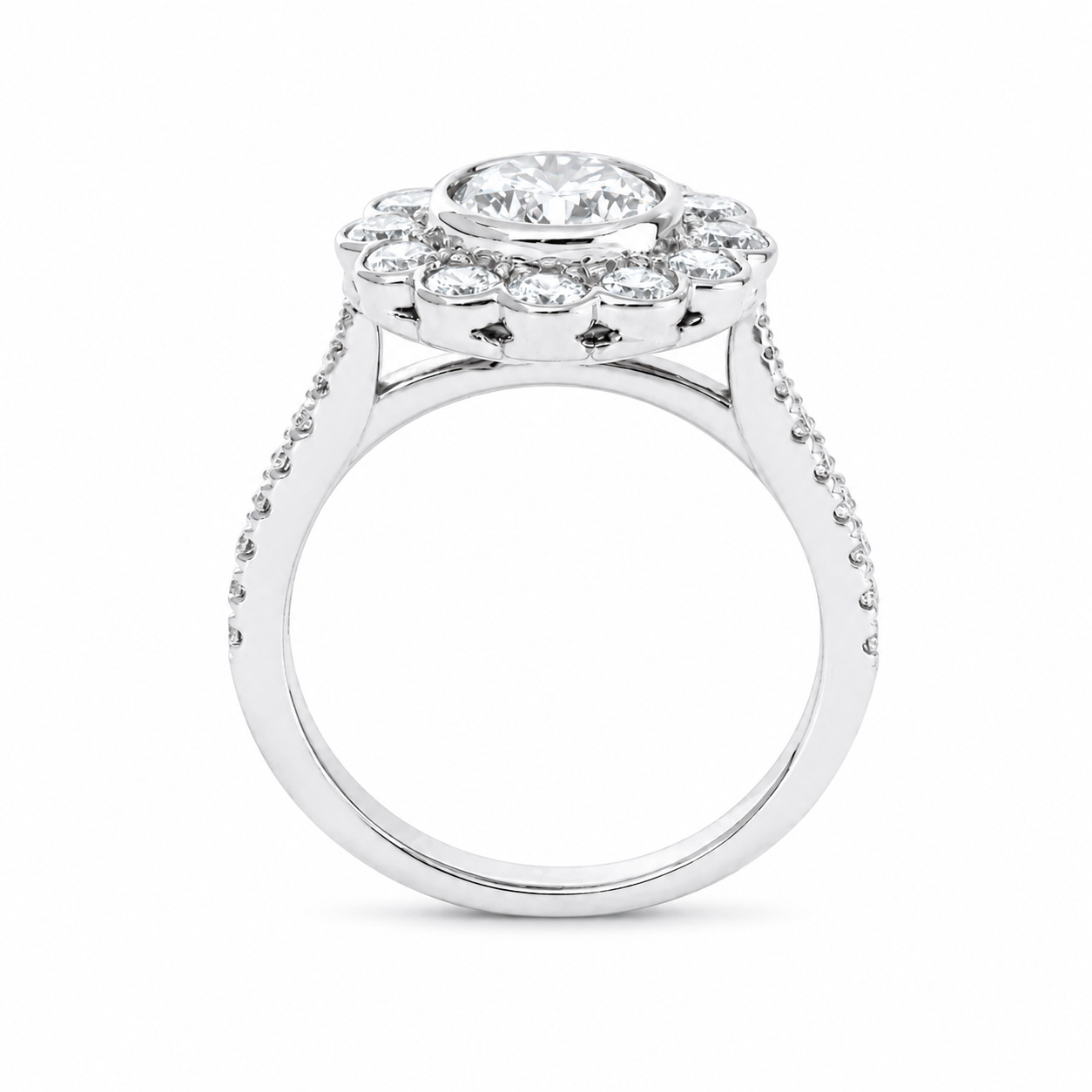 Round-Cut Lab Diamond Sunflower Engagement Ring with Halo and Pavé Tapered Band