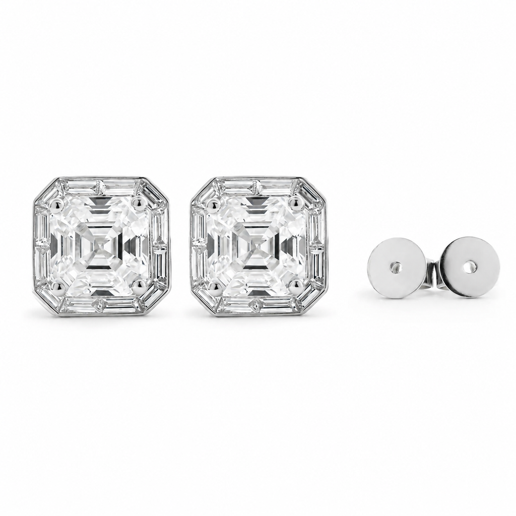 Asscher-Cut Lab Diamond Stud Earrings with Tapered Halo Bezel Basket Setting