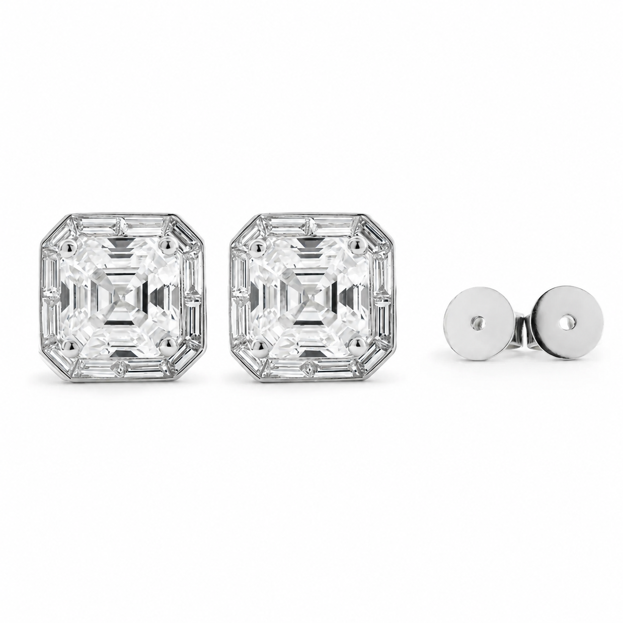 Asscher-Cut Lab Diamond Stud Earrings with Tapered Halo Bezel Basket Setting