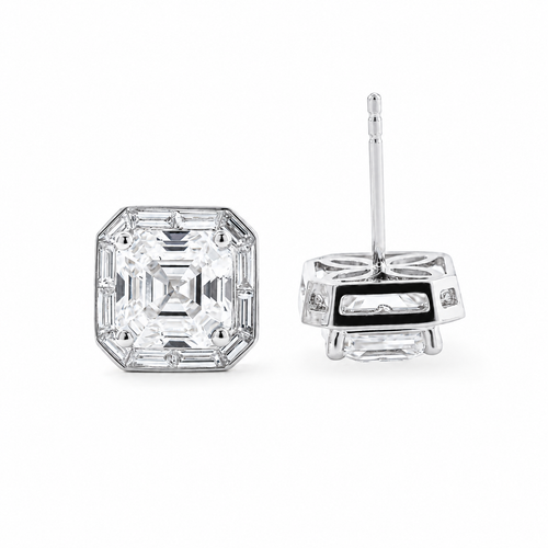 Asscher-Cut Lab Diamond Stud Earrings with Tapered Halo Bezel Basket Setting