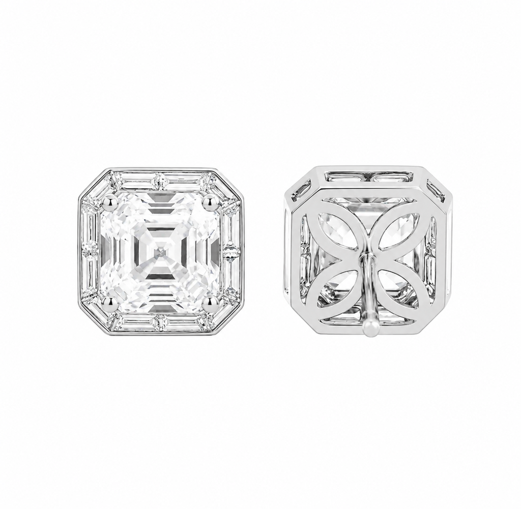 Asscher-Cut Lab Diamond Stud Earrings with Tapered Halo Bezel Basket Setting