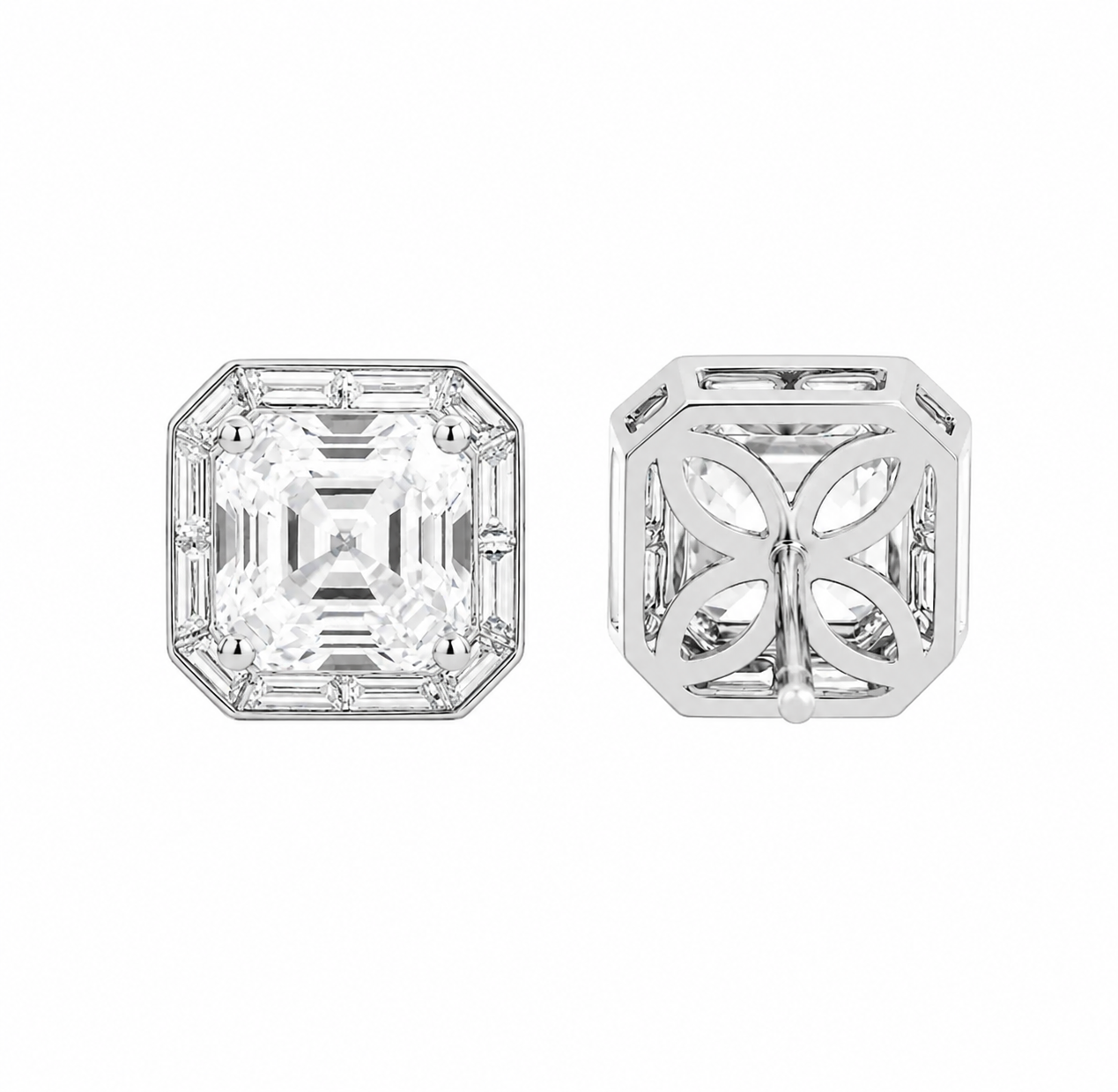 Asscher-Cut Lab Diamond Stud Earrings with Tapered Halo Bezel Basket Setting