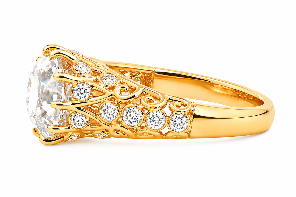 Old Mine-Cut Lab Diamond Ring with Ten-Claw Prong Setting and Openwork Band