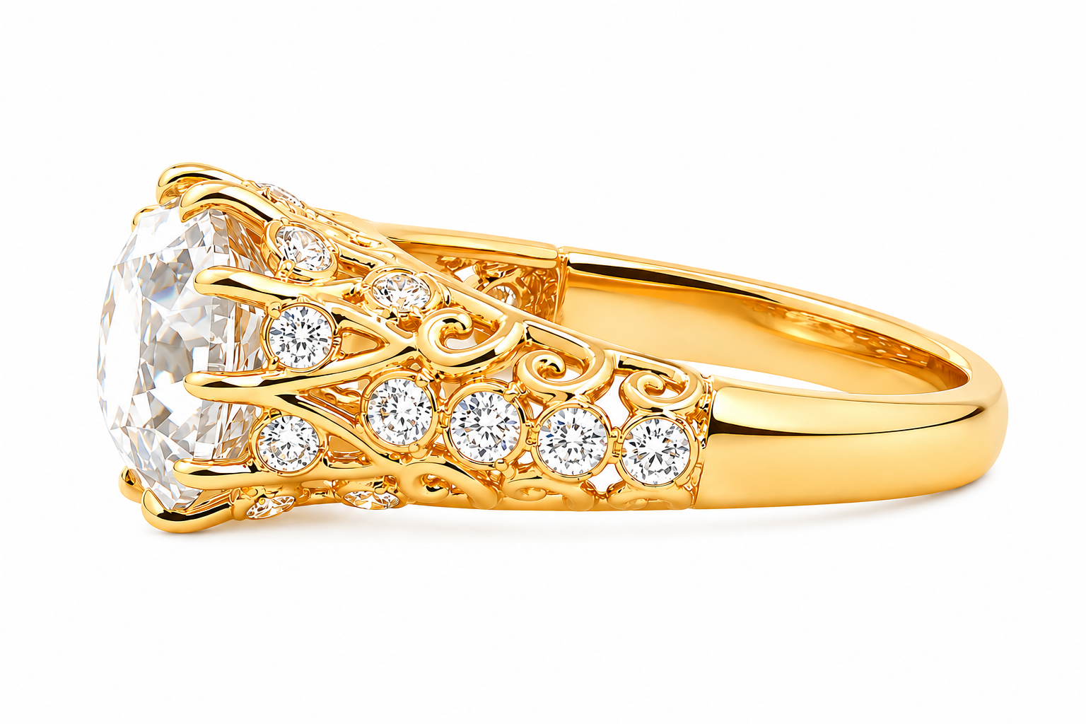 Old Mine-Cut Lab Diamond Ring with Ten-Claw Prong Setting and Openwork Band