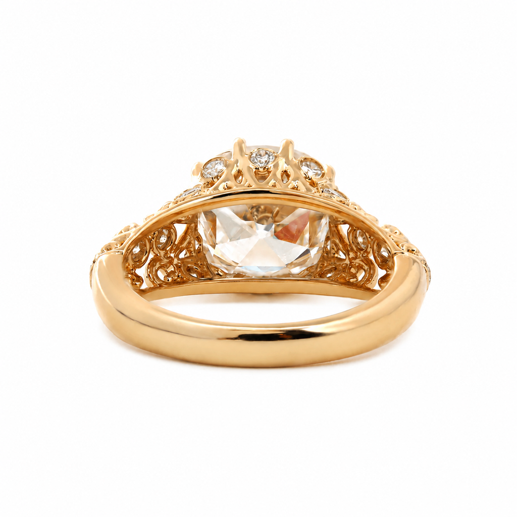 Old Mine-Cut Lab Diamond Ring with Ten-Claw Prong Setting and Openwork Band