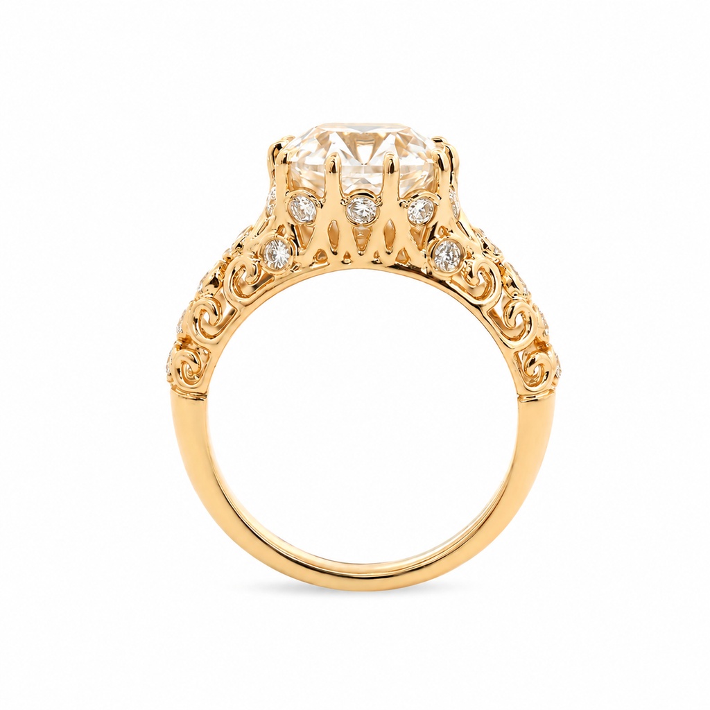 Old Mine-Cut Lab Diamond Ring with Ten-Claw Prong Setting and Openwork Band