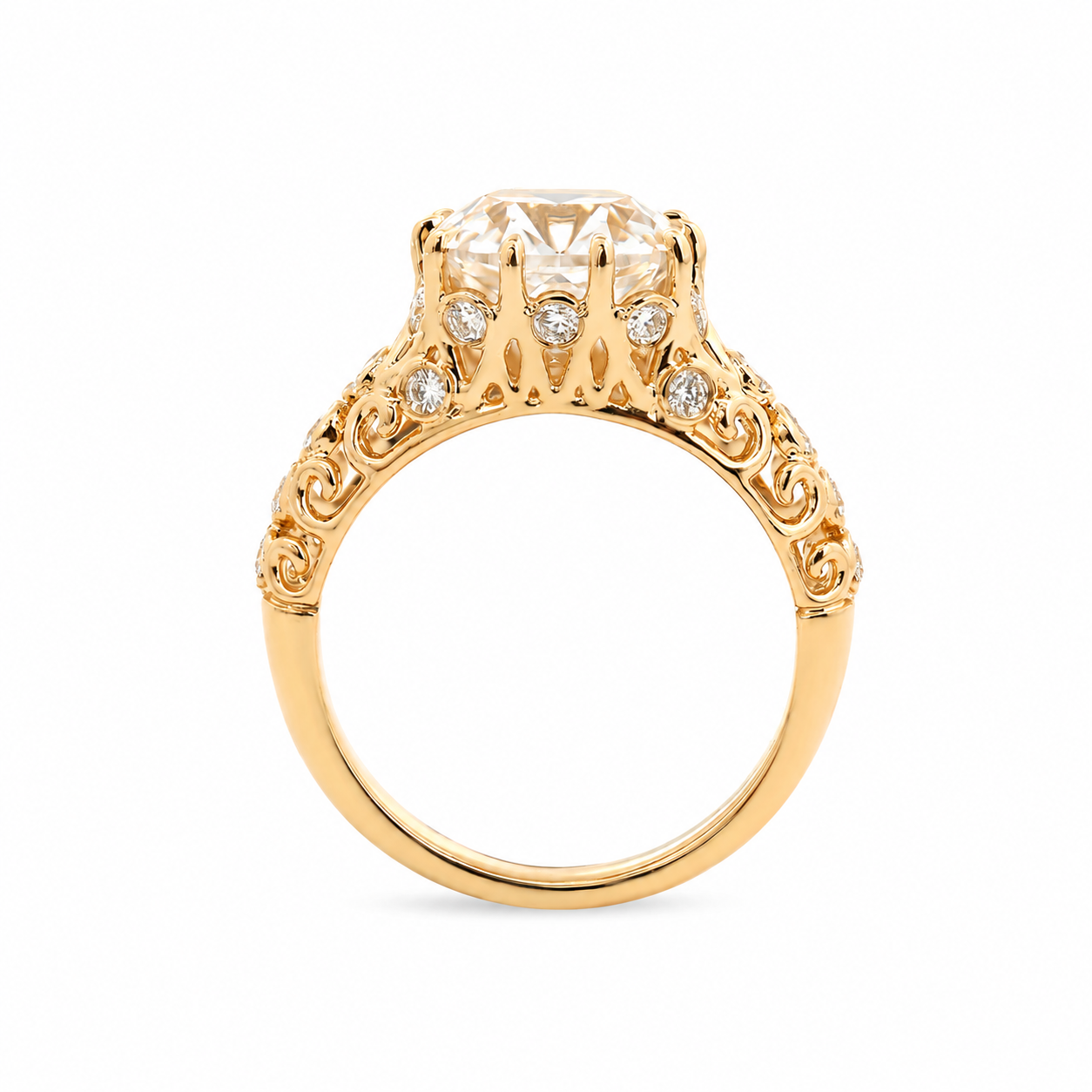 Old Mine-Cut Lab Diamond Ring with Ten-Claw Prong Setting and Openwork Band