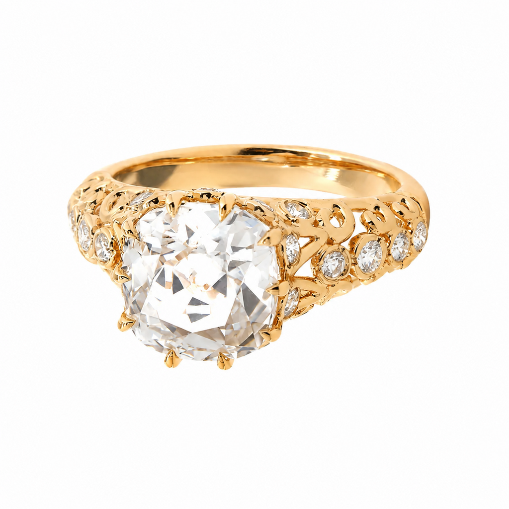 Old Mine-Cut Lab Diamond Ring with Ten-Claw Prong Setting and Openwork Band