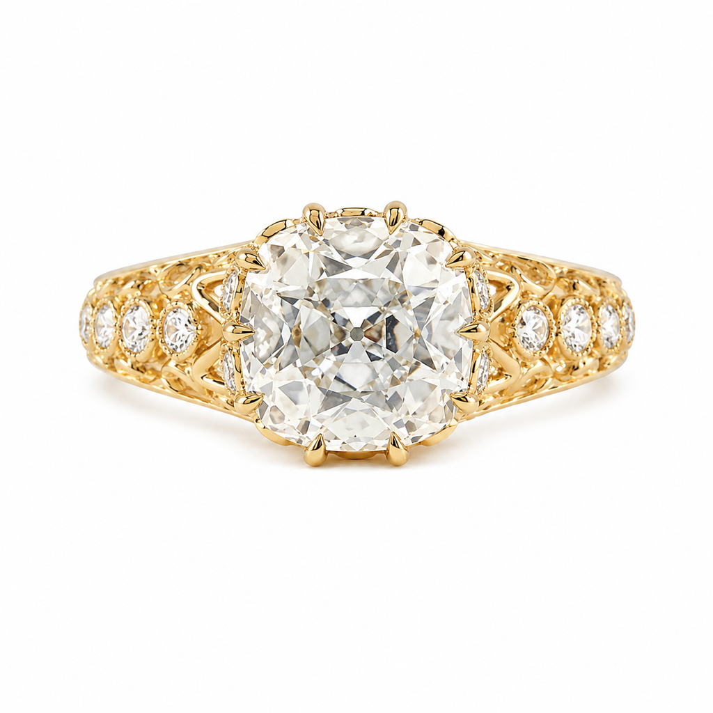 Old Mine-Cut Lab Diamond Ring with Ten-Claw Prong Setting and Openwork Band